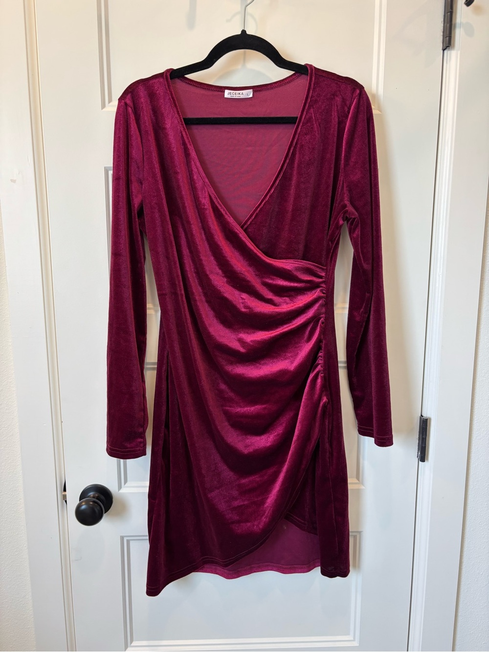 Women's Velvet Wrap-Front Long Sleeve Dress - Burgundy